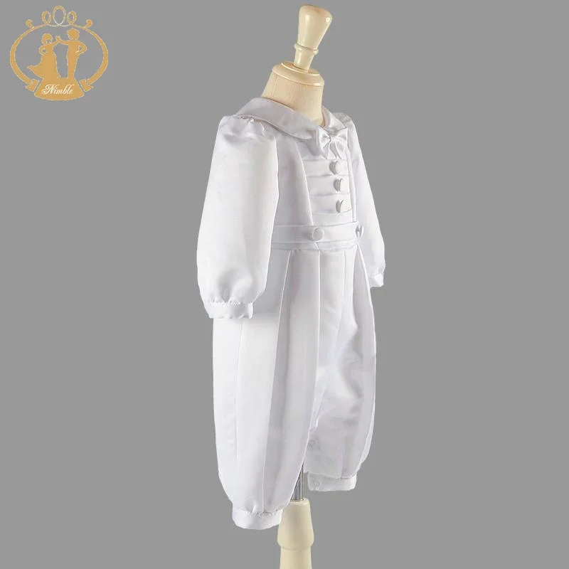 White Baby Boy Clothes Set Baptism Outfits Summer Solid Full Sleeve Bow Lace Christening Gown Newborn Gentleman Birthday