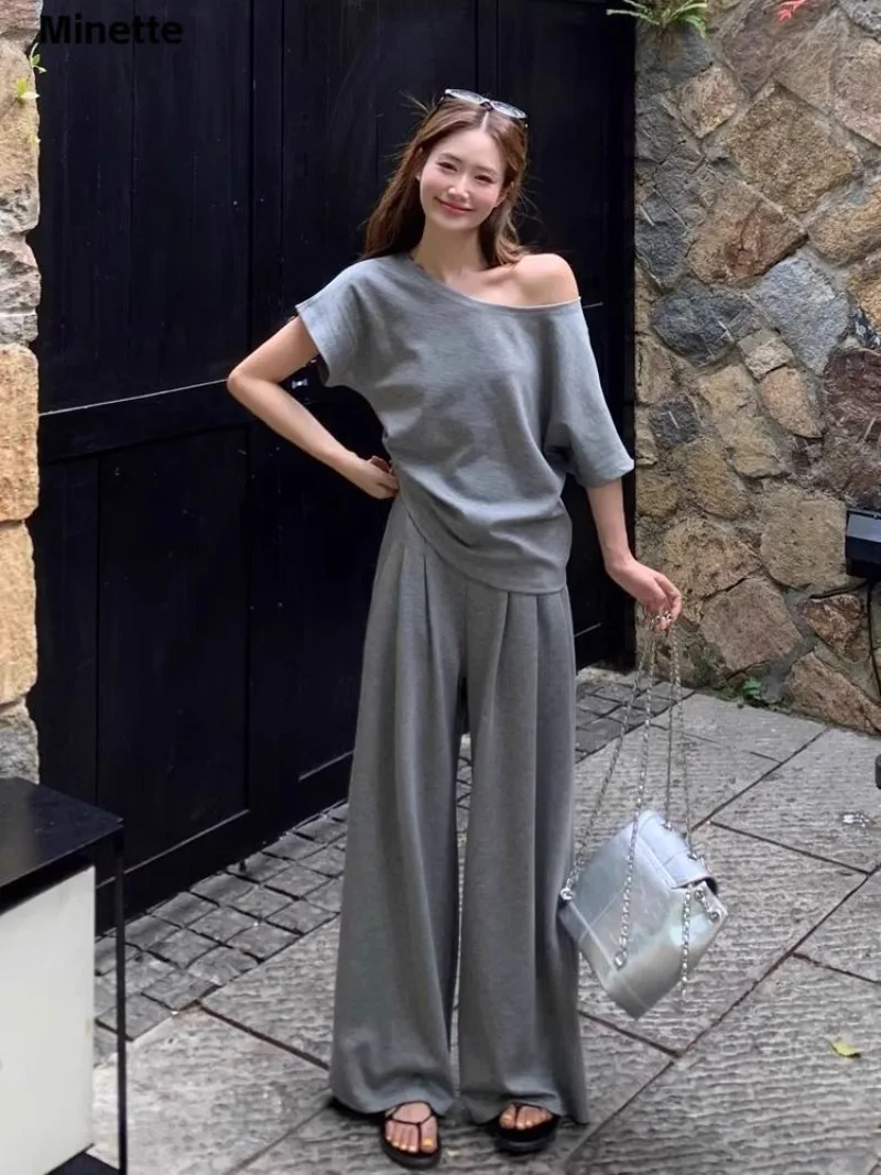 

Fashion Gray Off Shoulder Short Sleeved Top Women's Summer Loose and Lazy Style Wide Leg Pants Two-piece Set Female Clothing