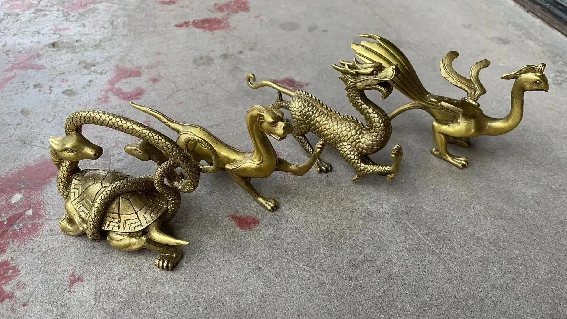 China Brass fengshui Dragon Tiger Phoenix Turtle Snake Evil Lucky 4 Beast statue