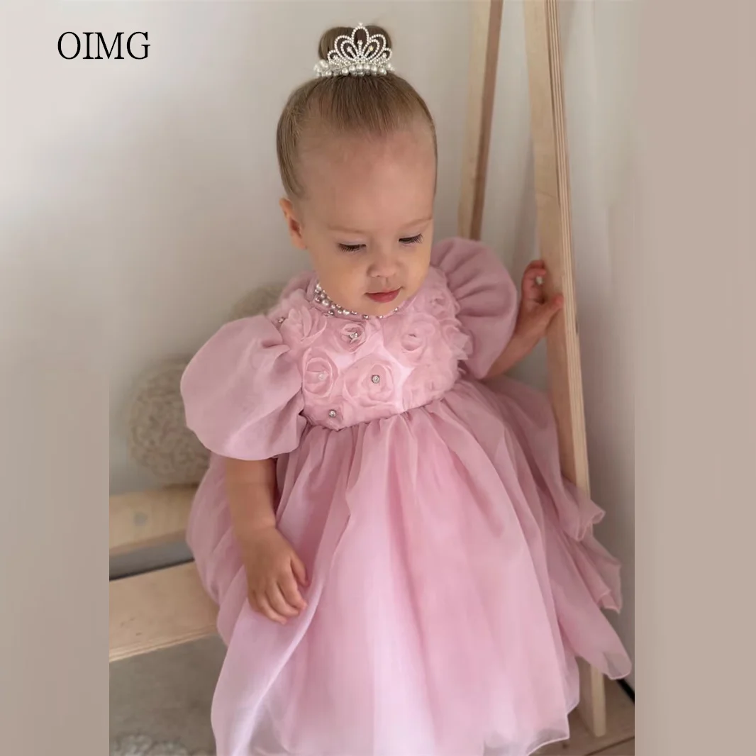 OIMG Princess Pink 3D Flowers A Line Flower Girl Dresses Puff Sleeves Wedding Party Dress Ankle Length Birthday Dress Customized