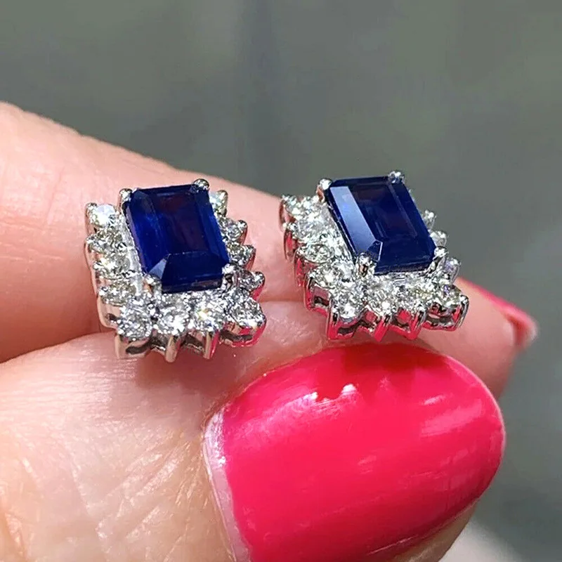 Elegant Blue Cubic Zirconia Stud Earrings for Women Good Quality Silver Color Bridal Wedding Earrings Fancy Gift Jewelry