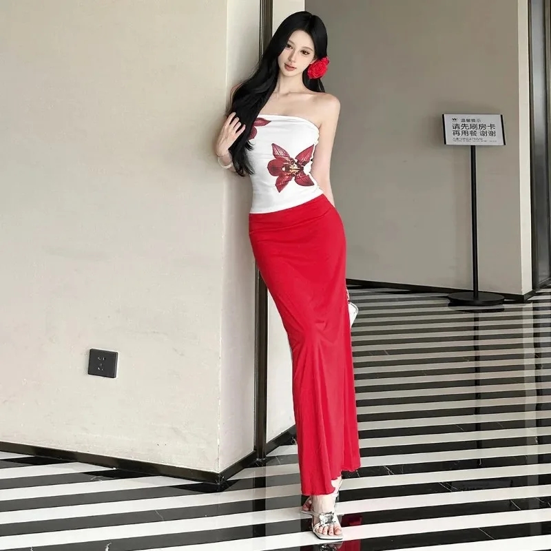 Women's Two Piece Set Strapless Floral Print Crop Top and High Waist Maxi Skirt Set Elegant Red White Matching Outfit