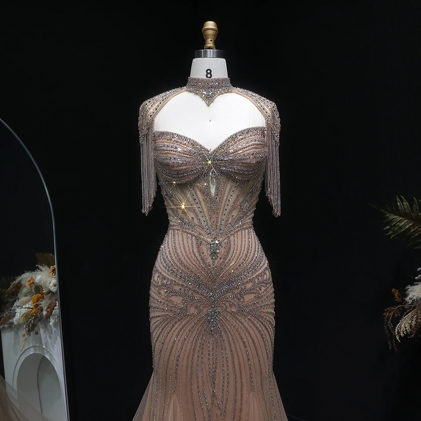 Sharon Said Elegantes Champagner-Meerjungfrauenkleid mit Cape-Ärmeln, Kristallperlen, Blaues Hochzeitskleid, SS021, Maßanfertigung – Detail 13
