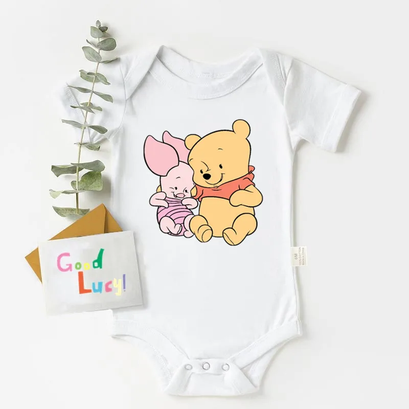 

Cartoon Winnie and Piglet Baby Bodysuit White Short Sleeve 100% Cotton Newborn Clothes Summer Bodysuits for Infants