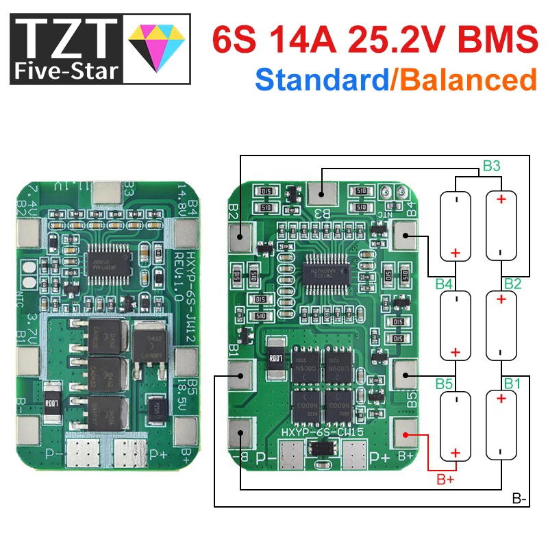 TZT 6S 22.2V 25.2V 14A 20A 18650 Li-ion Lithium Battery Charger Protection Board with Balanced PCB BMS 6 Pack Cells Module