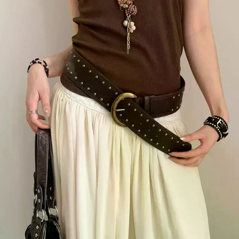

Женский ремень с заклепками, готический сверхпрочный кожаный пояс Y2k, платье в стиле панк, джинсовый ремень, аксессуары на талию
