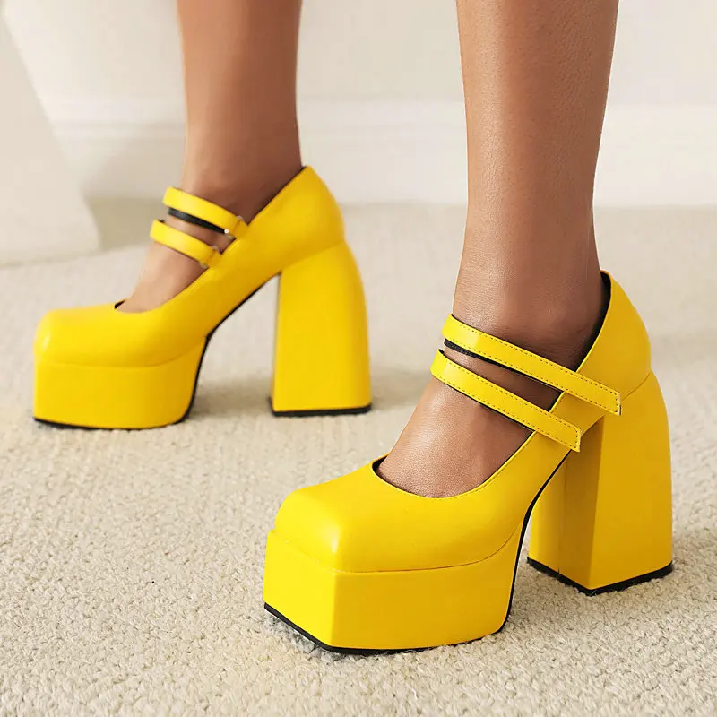 Bright Yellow Orange INS Square Toe Chunky Block High Heeled Womens Shoes Goth Ladies Fashion Platform Mary Janes Heels Pumps