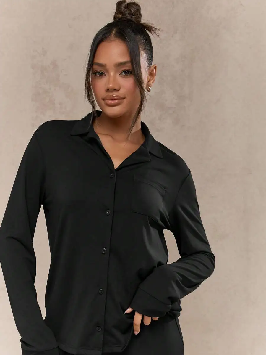 Comfortable Long Sleeve Button Up Collared Pajama Shirt And Wide Leg Trouser Lounge Set
