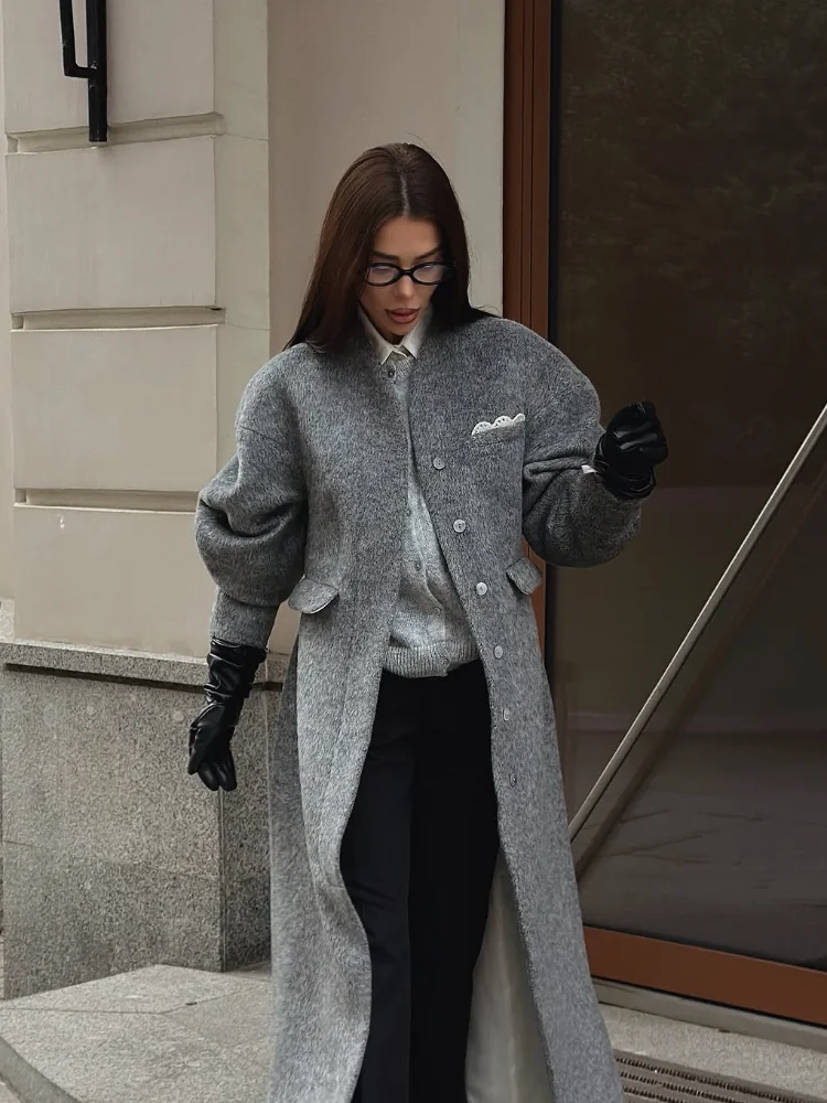 

Серое шерстяное пальто с кружевной отделкой, женское повседневное однобортное длинное пальто с v-образным вырезом и длинными рукавами, женское пальто 2025 г., женское зимнее повседневное макси