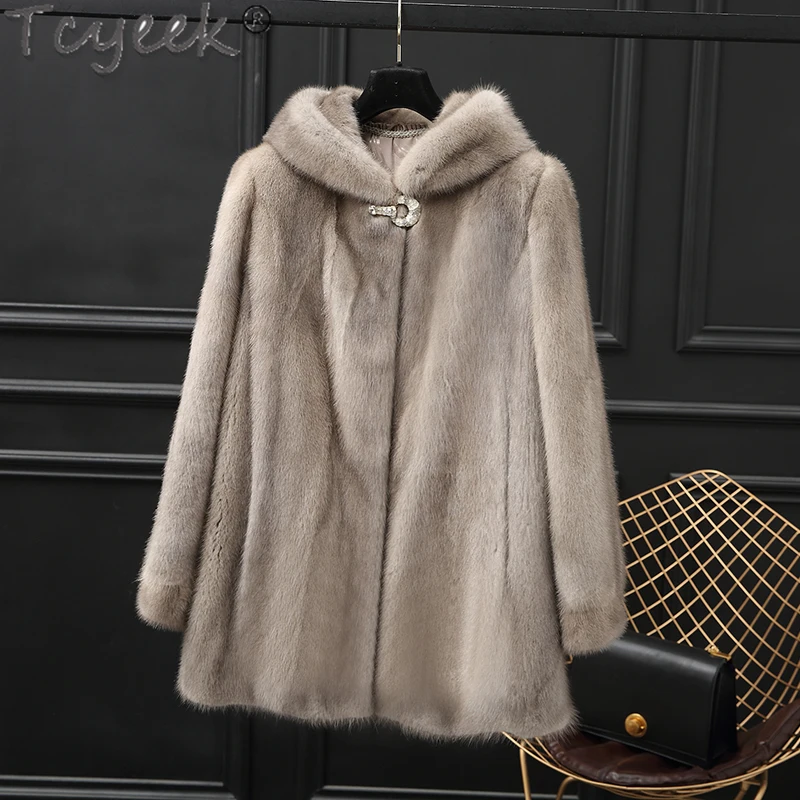 Tcyeek Natural Mink Fur Coat Women 2024 Winter Clothes Hooded Women's Fur Jackets Mid-length Real Fur Coats Warm Whole Mink