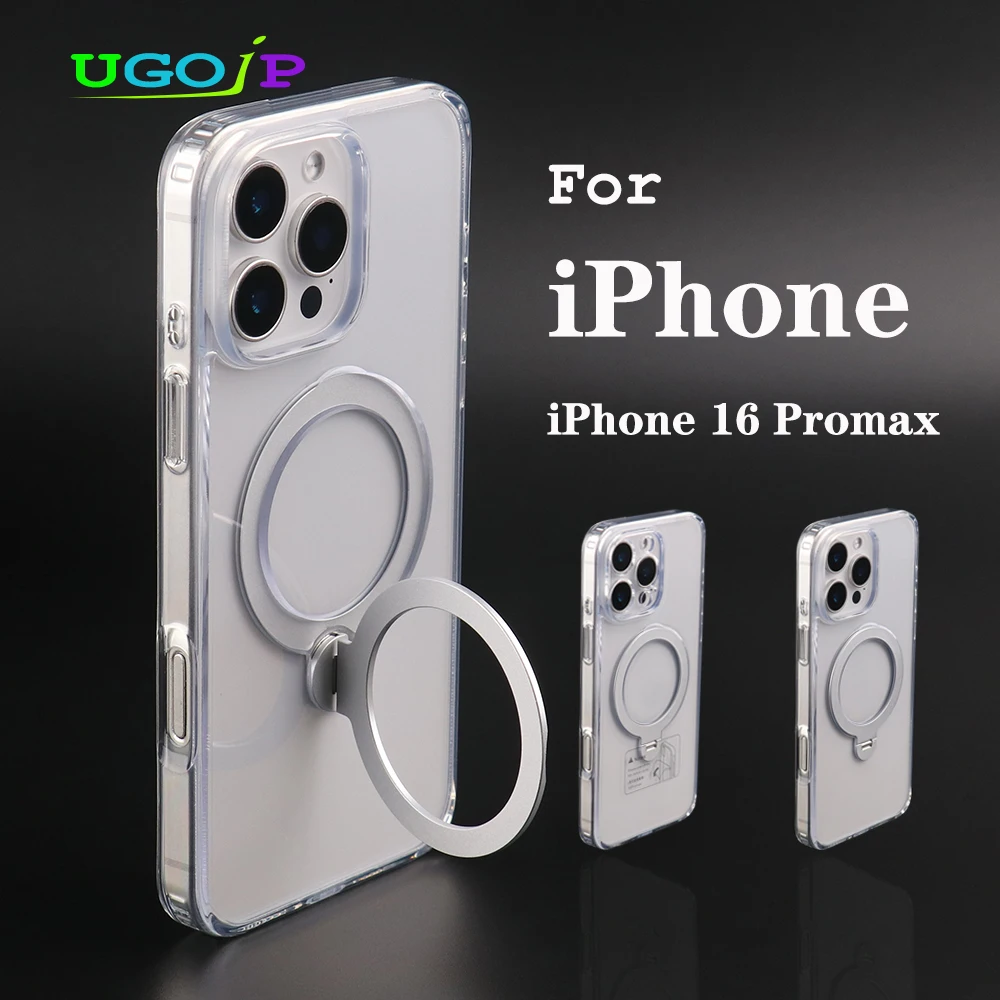 

UGOjP Magnetic Case For iPhone 16 Pro Max 360° Rotating Stand Transparent Case For iPhone 16 Pro Clear Protective Back Cover