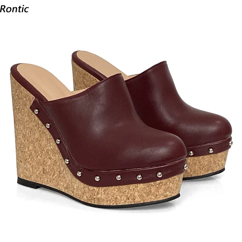 

Rontic New Handmade Women Platform Mules Pumps Sexy Rivets Wedges Heel Round Toe Pretty Burgundy Black Casual Shoes US Size 5-20