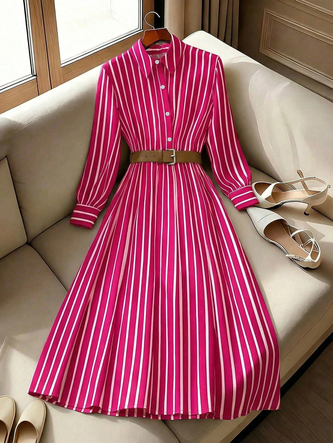 

Ярко-розовое полосатое платье-рубашка миди с пуговицами спереди, длинными рукавами и расклешенным подолом, повседневное, из тканого материала