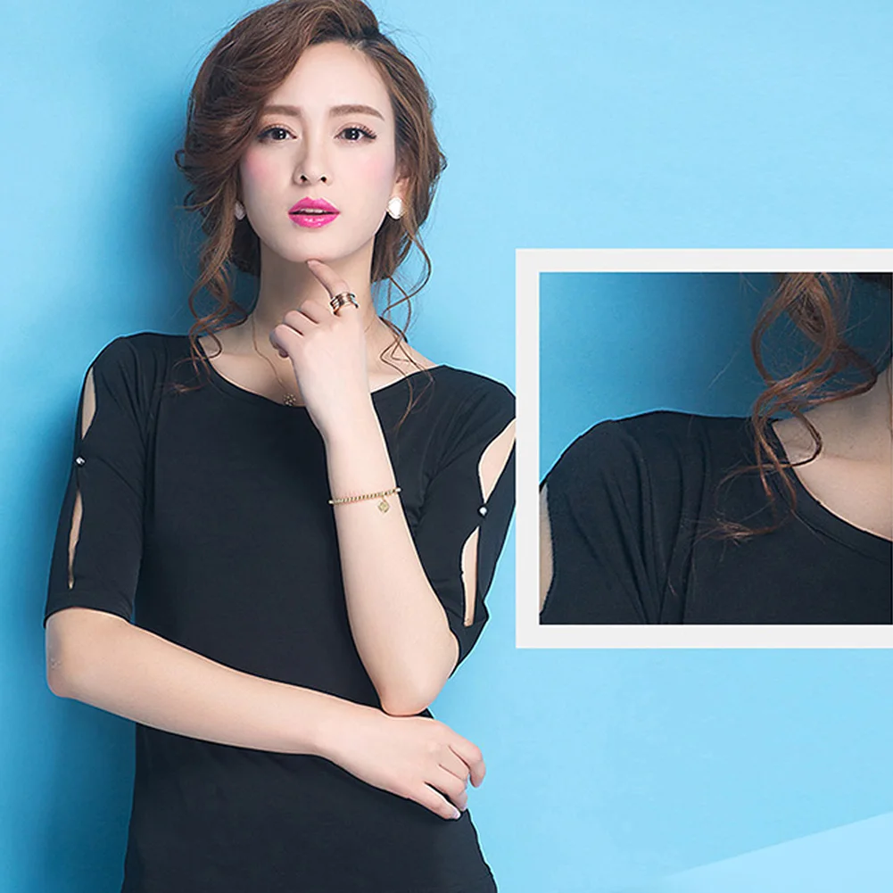 Rundhalsausschnitt-Kleidung für Damen, 2025, lateinamerikanischer Tanz, schlichtes Oberteil, Damen-Abschlussballkleid mit hohlen Ärmeln, Schwarz, kurzärmelig, Samba