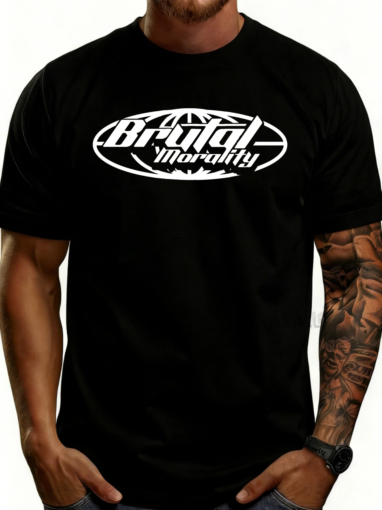 Casual Style Men's T-Shirt, Featuring Brutal Morality Logo Design, Suitable for Everyday Wear and Street Fashion, Is the Perfect Gift for Men Who Appreciate Bold Statements and Avant-Garde Aesthetics.