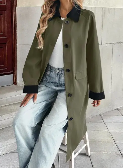 

Woman Trench Coat 2025 Autumn New Color Blocking Loose Temperament Commuting Turn-Down Collar Versatile Long Windbreaker Jacket