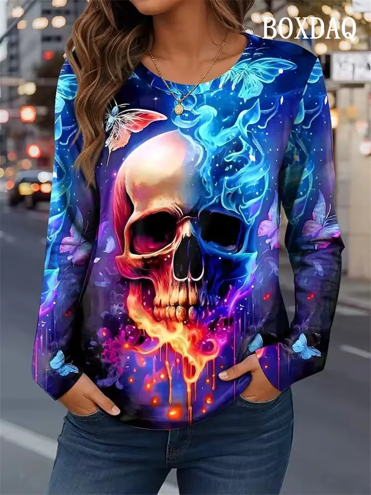 

New Autumn Winter Halloween Women's Long Sleeve T-Shirt Fun Skull 3D Printed Tops Fashion Tie Dye Gradient Everyday Casual Shirt