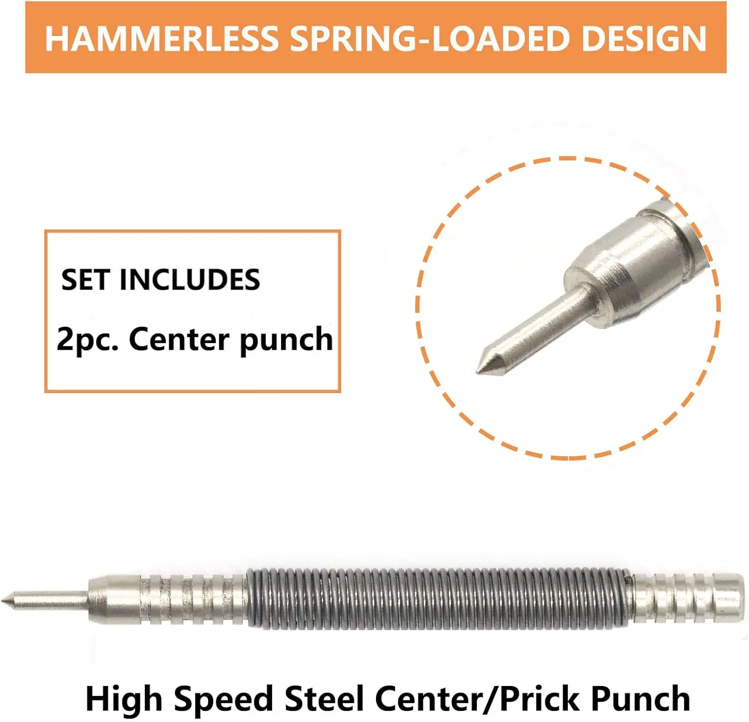 2-Piece Spring Loaded Center Punch Hammerless Single Ended Centering Center Punch, 3500 PSI Striking Force Hit Punch Tool for Me