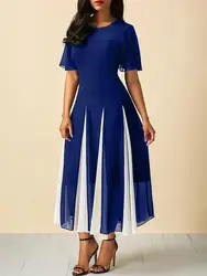 Vestido Midi de talla grande para mujer, Túnica informal de manga corta de retazos de gasa, línea A a rayas, cuello redondo, elegante vestido Vintage