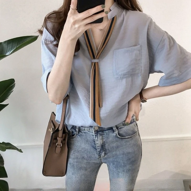 

With Short Sleeve Shirts & Blouses for Women Summer Chiffon Youthful Elegant Korea Stylish Woman Top Clothing Sales Aesthetic Xl