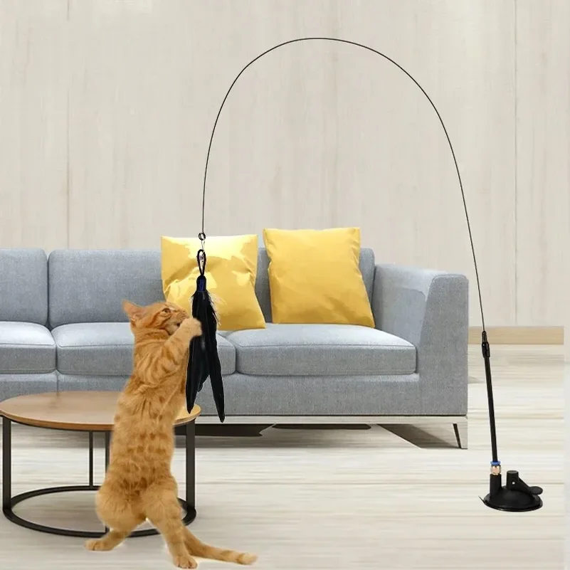 Suction Cup Cat Teasing Stick Cat Toy Interactive Feather Toy Cat Rod Steel Wire Suction Cup Feather Cat Toy Bell Cat Teasing Bi