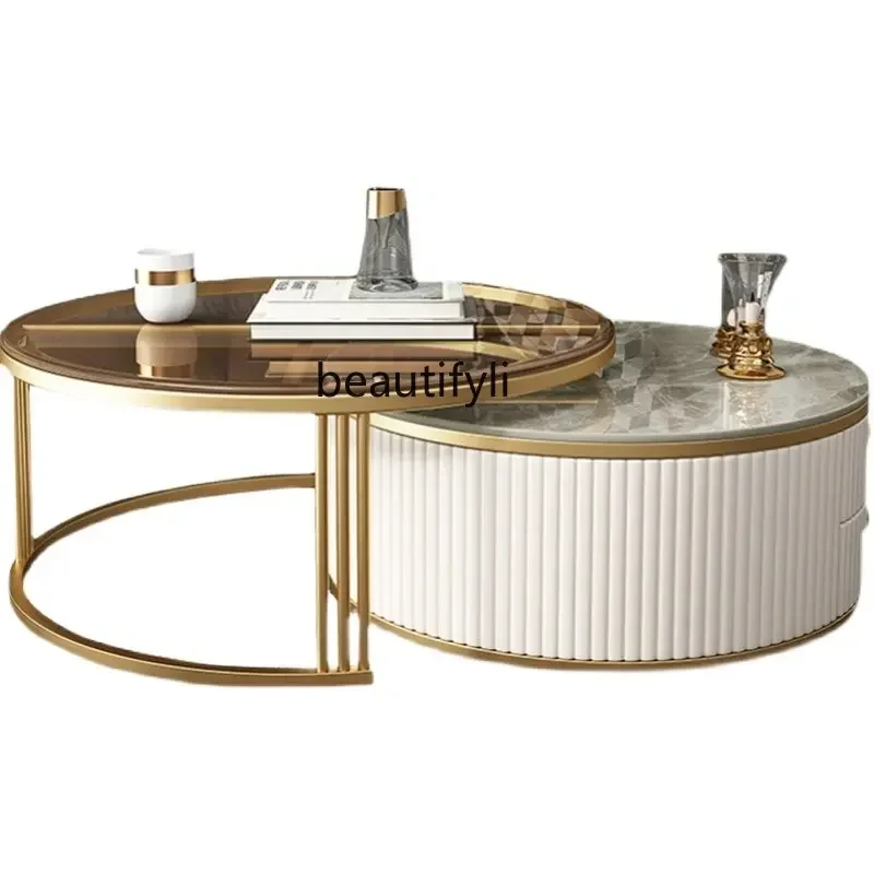 

Light Luxury Stone Plate round Tea Table Small Apartment Modern Living Room Glass Coffee Table Living Room Home