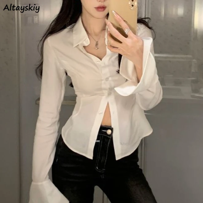 Niche Design Shirts for Women Solid Sexy Spring Clothing Long Sleeve Tops Slim All-match Turn-down Collar Fashion High Street