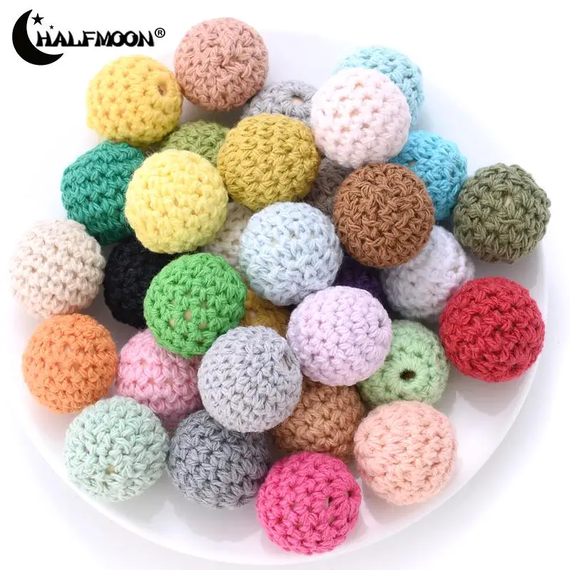 16mm 10pcs Colorful Crochet Beads Knitted By Cotton Thread Woolen Yarn For DIY Fit Decoration Baby Pacifier Chain Accessories