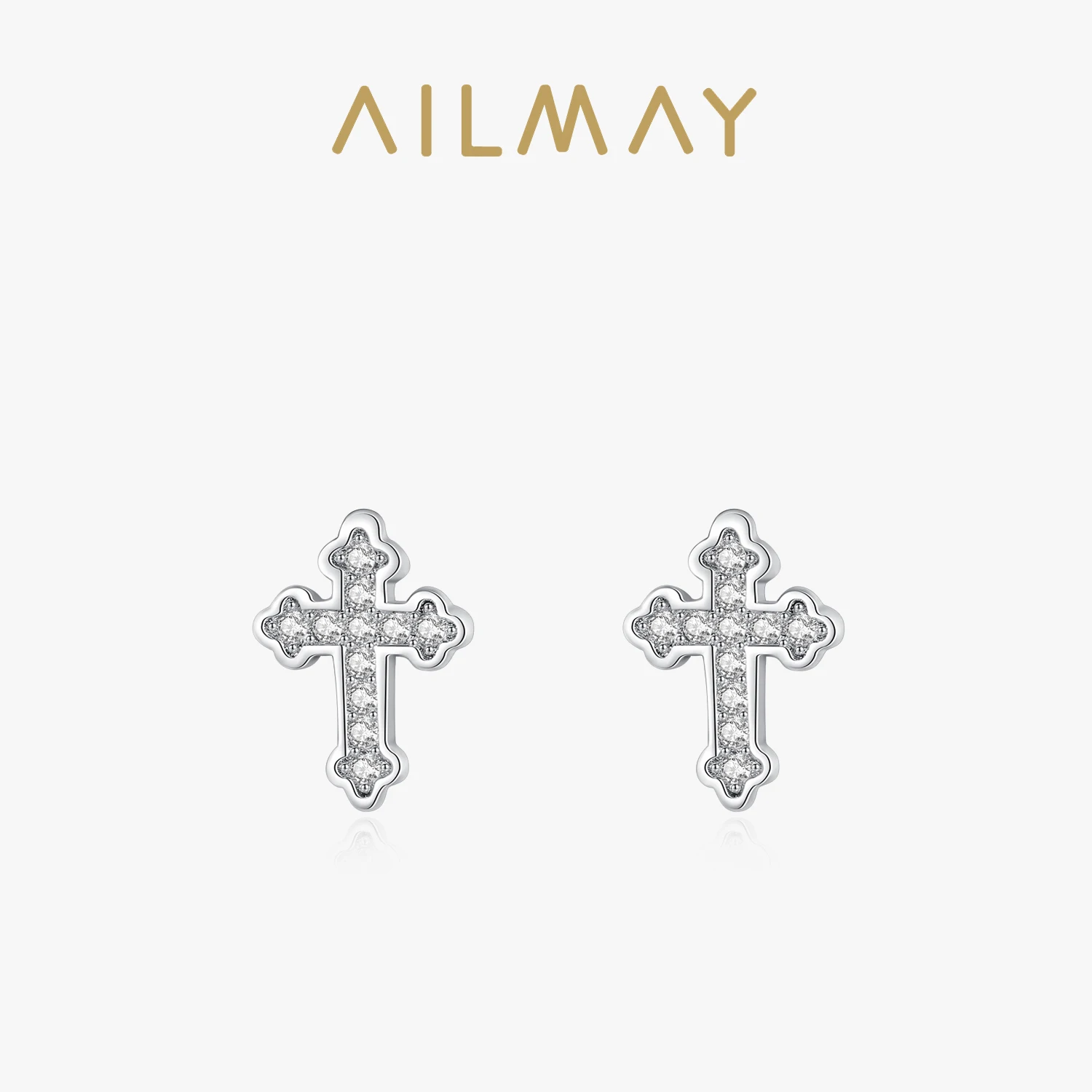 Ailmay Authentic 925 Sterling Silver Simple Shiny Zircon Mini Cute Cross Stud Earring for Women Fashion Ear Pin Fine Jewelry