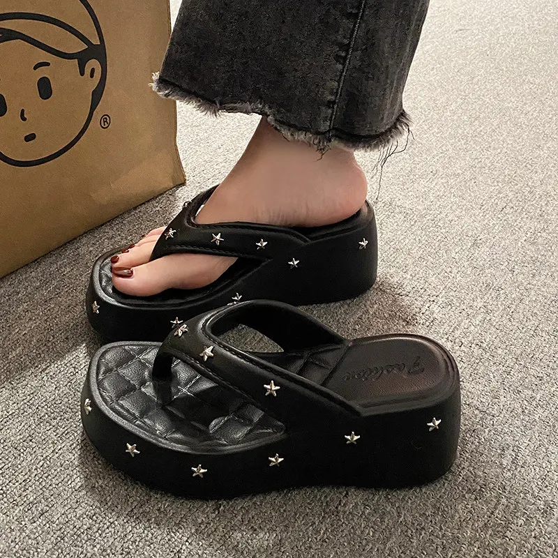6cm Height Increasing Platform Thong Sandals For Women Star Studded Chunky Sole Outdoor Beach Slippers Y2K Summer Flip Flops view 4