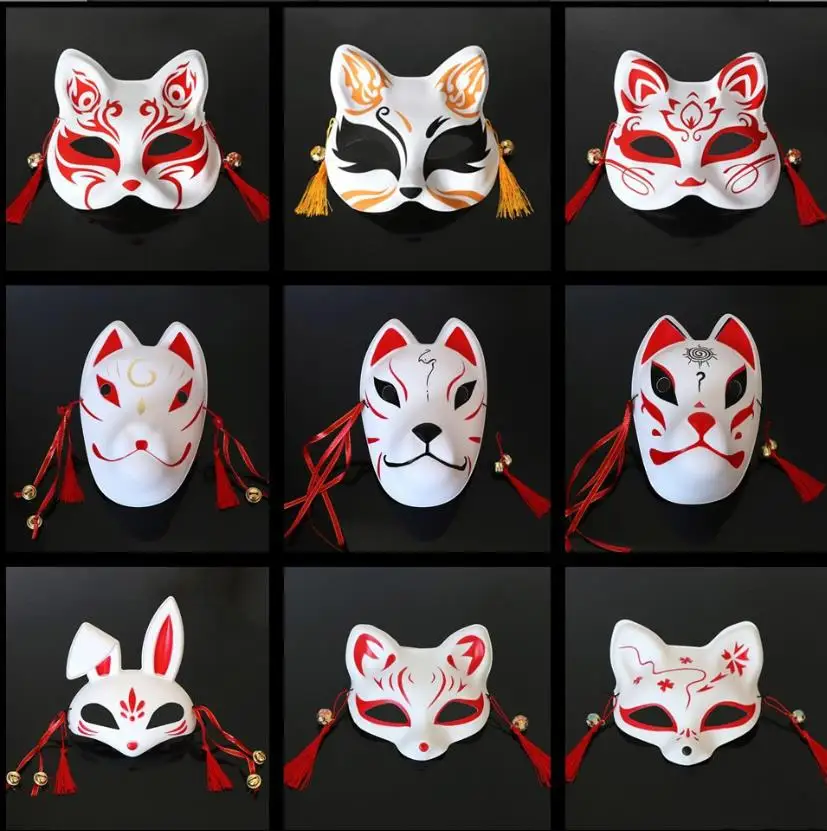 

20pcs Cat Face Mask Japanese Summer Festival Decor Painted Masks With Bell Halloween Animal Cosplay Masquerade Ball Party Props