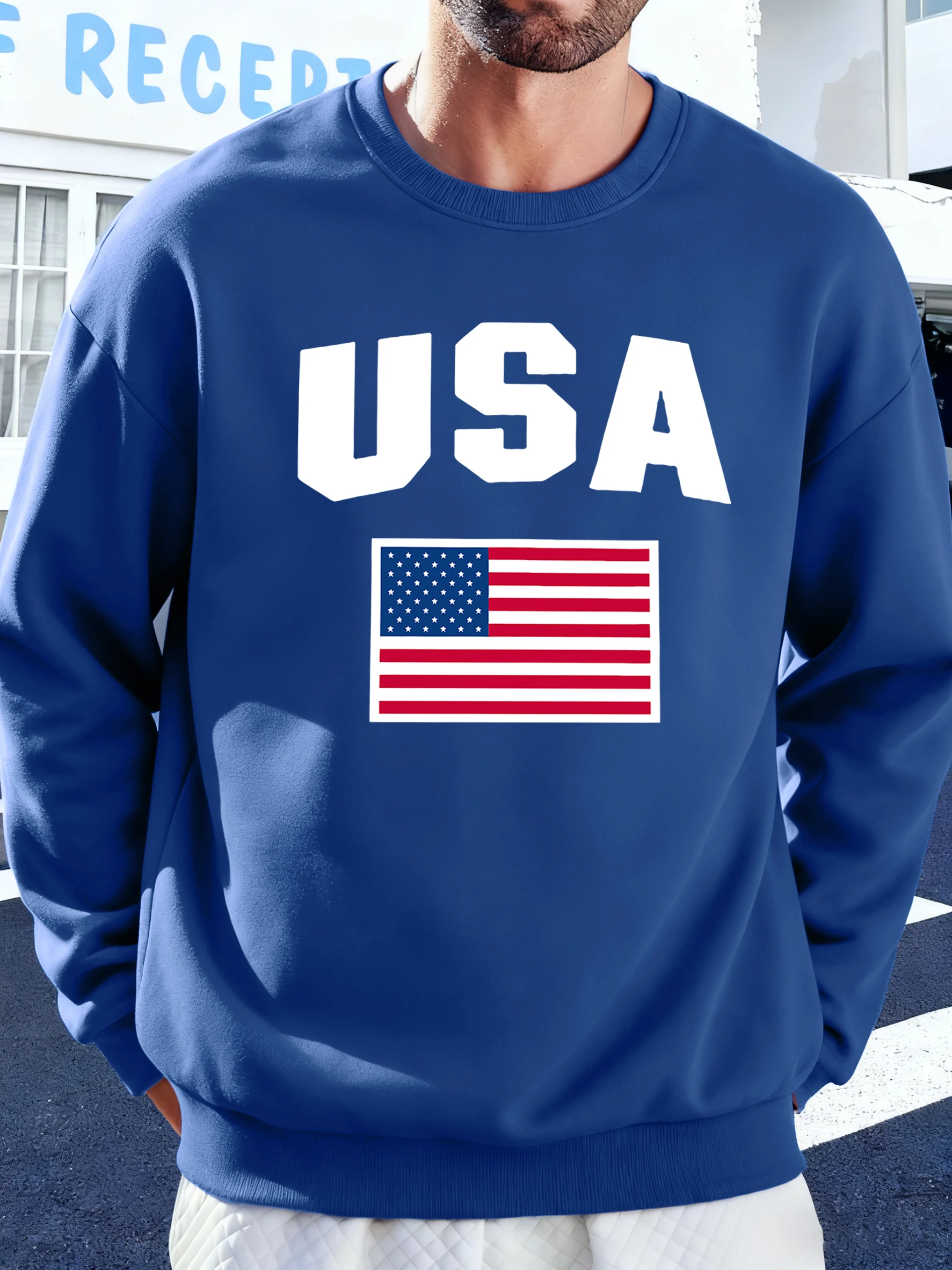 Usa Und Flagge Drucke Männer Sweatshirt Straße Herbst Pullover All-Match Crewneck Kleidung Fleece Warme Hoodie Casual Weiche Streetwear
