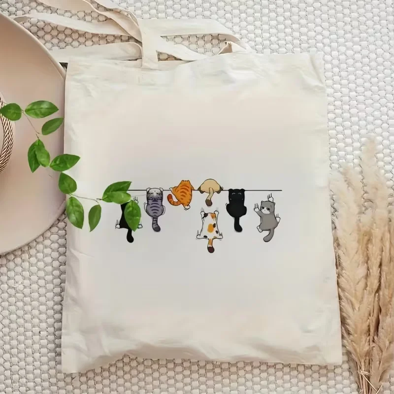 Fun Cat-Themed Canvas Tote Bag Whimsical Design with 2D Flat-Printed . Women's Handbag for Commuting, School,Travel,Beach Use