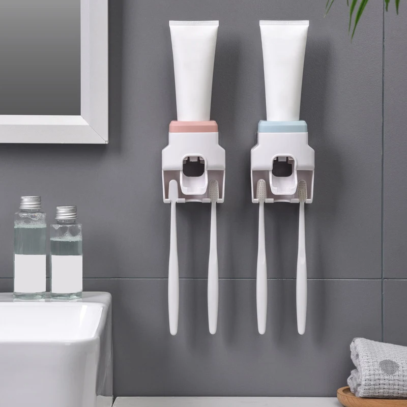 Automatic Toothpaste Dispenser Set Wall-Mounted Extruder Plastic No-Punch Lazy Man Toothbrush Holder Bathroom Accessories Gadget