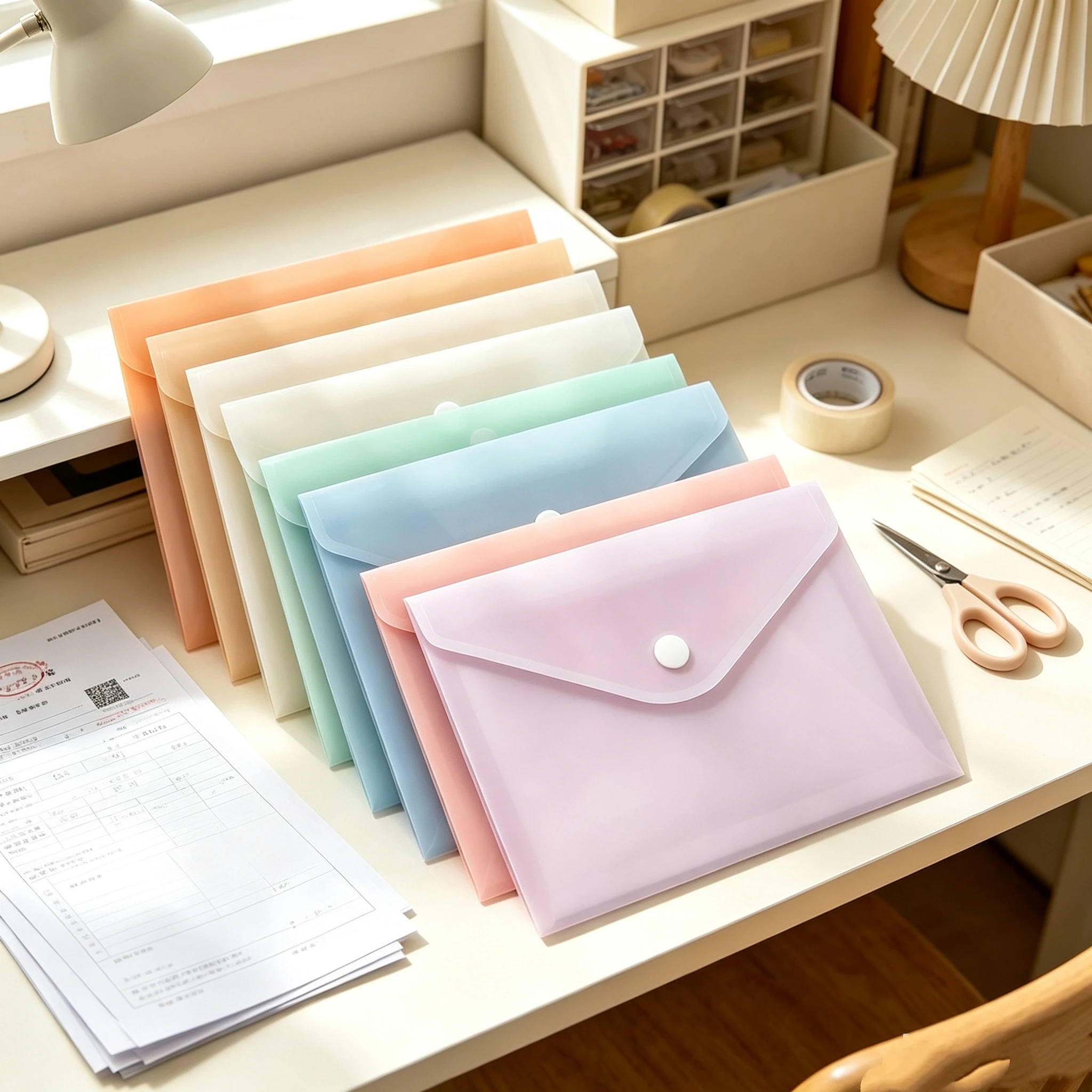 10PCS Colorful Button File Bag PP Transparent Document Storage Bag Waterproof Portfolio Envelope for School Office Stationery