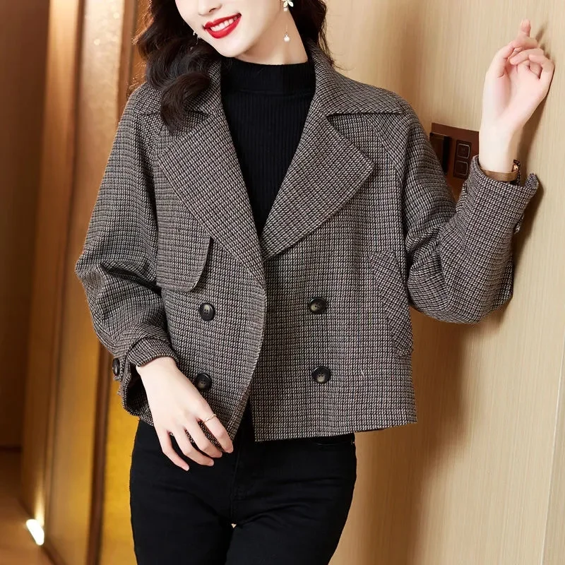 Women's Suit Collar Double Breasted Thousand Bird Grid Short Jacket 2024 New Korean Female Fashion Design Sense Top Latest Model