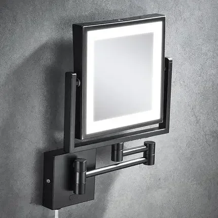 Modern Square 8 Inches Dual Arm Led Make-up Mirrors for Bath Brass 3x Magnifying Two Face Illuminated Bathroom Comestic Mirror