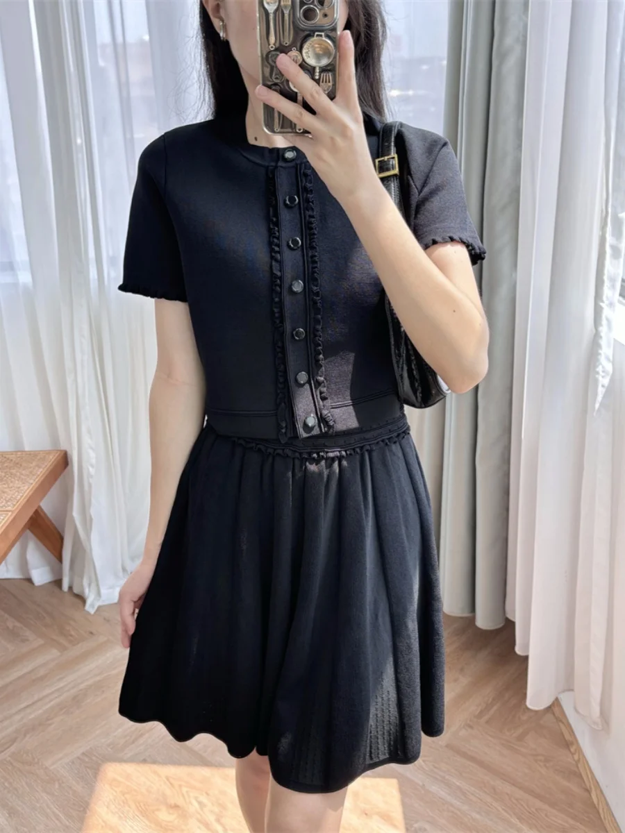 Two piece skirt set women Age reducing Knitted Set Round Neck Black Ear Edge Short sleeved Top+pleated Skirt S Home Set