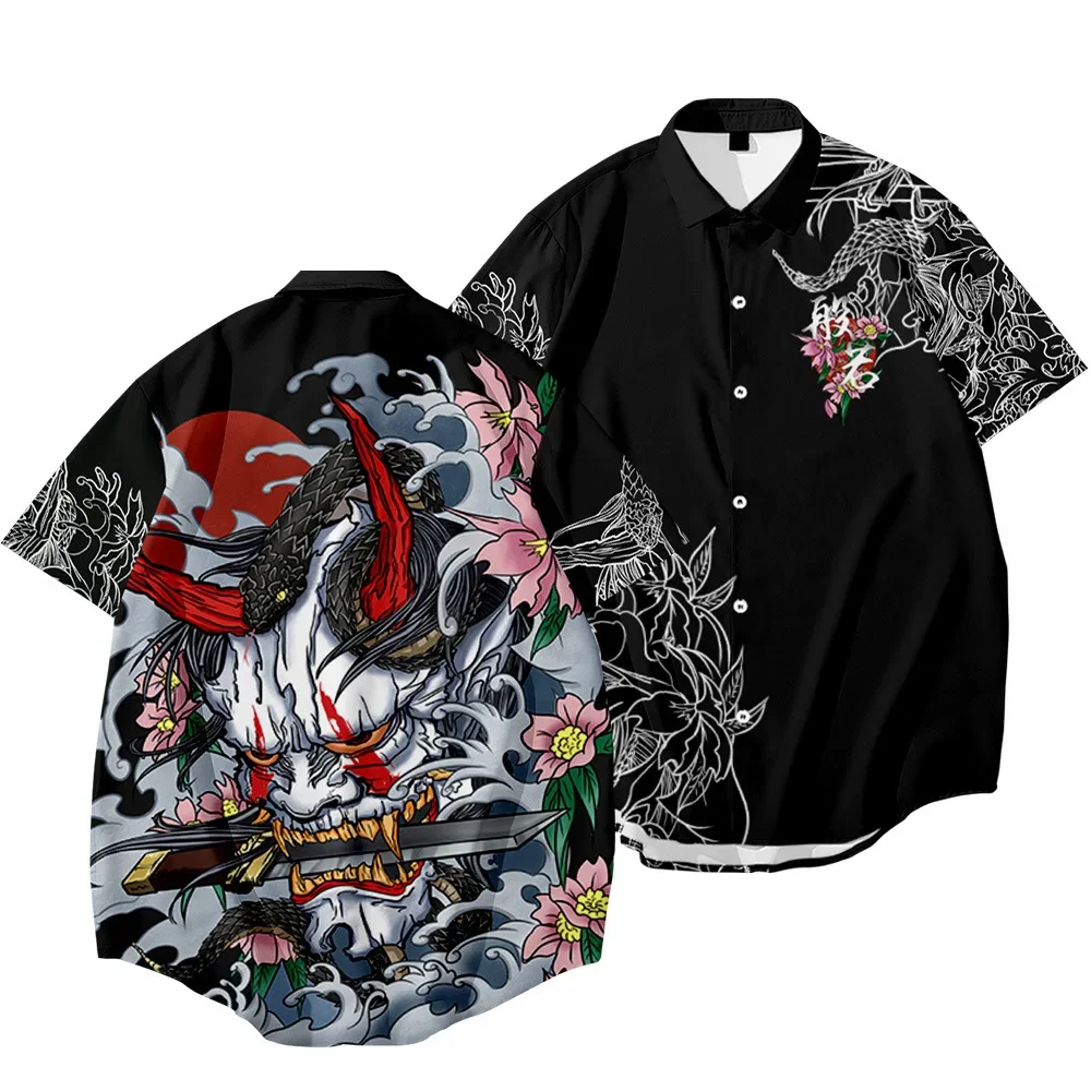 2024 Hawaiian Shirt Men\'s Harajuku Black Dragon Tiger Print Shirt Ethnic Fashion Oversized Shirt