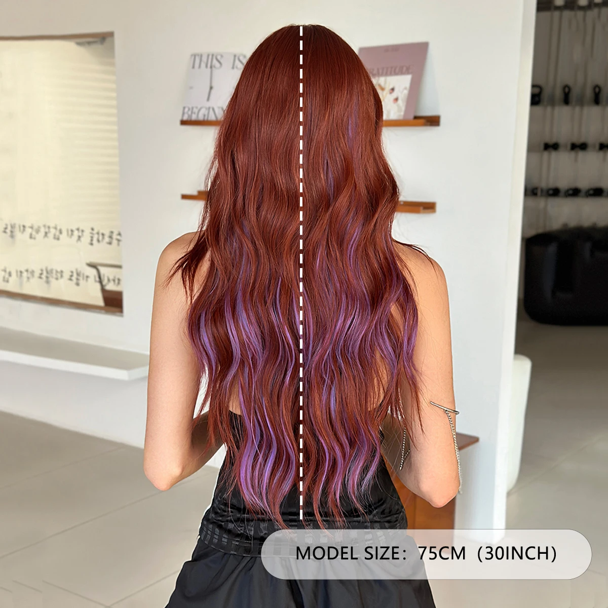 7JHH WIGS Long Water Wavy Copper Highlight Purple Wig for Women Modest Fashion Synthetic Middle Part Wigs with Curtain Bangs - view 4