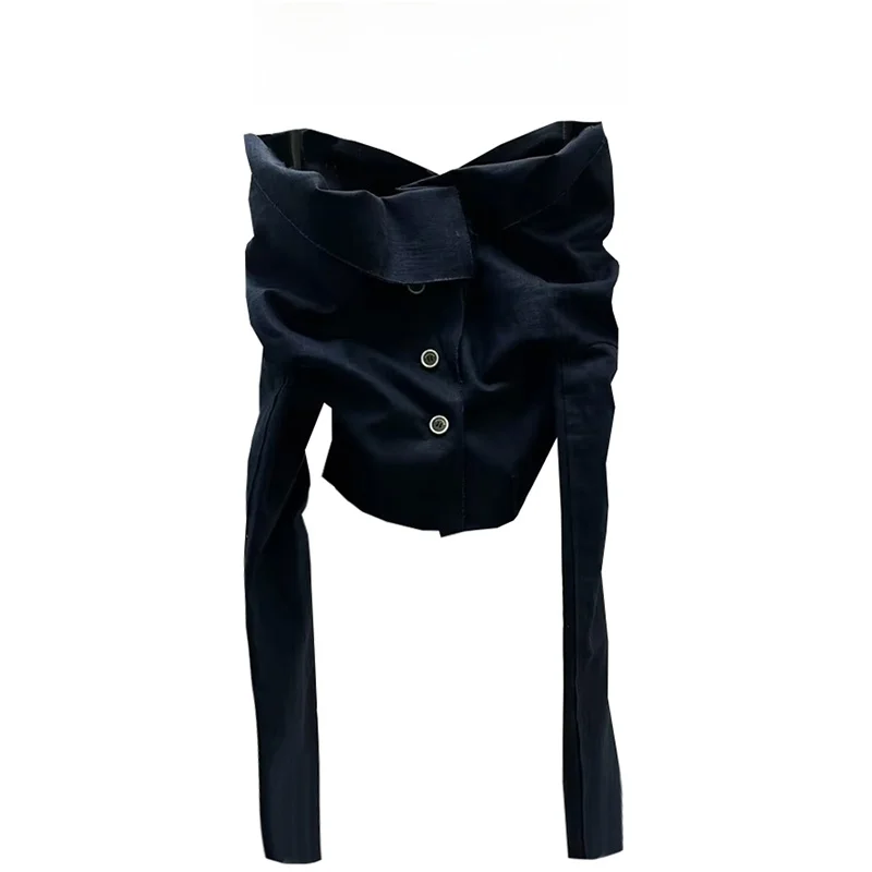 

Elegant Black One-Shoulder Long Sleeve Shirt Women's Fashionable Spicy Girl Shoulder Bared Short Unique Shirt Top