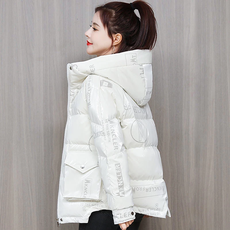 Wash-Free Parkas Hooded Top New Winter Women Down Cotton Coat Short Long Sleeve Bright Padded Jacket Female Letters Warm Outwear