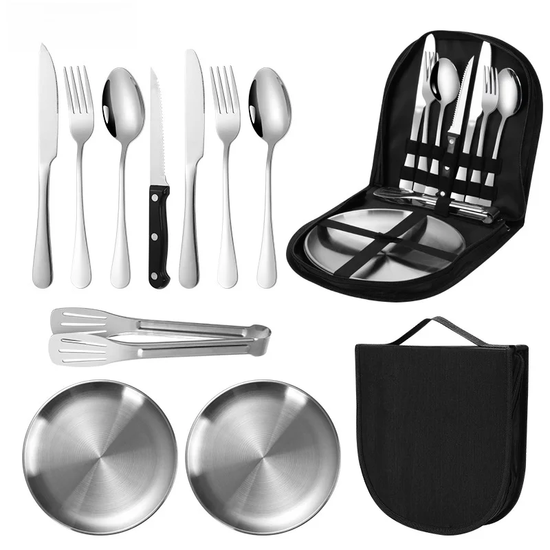 10/20Pcs Outdoor Camping Cutlery Organizer Utensil Picnic portable Set Stainless Steel Plate Spoon Knife Fork Tongs Hiking