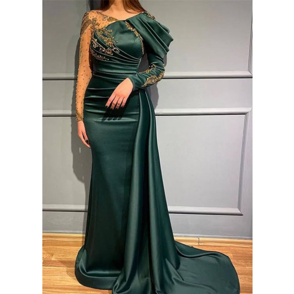 High-end Green Women Prom Dresses V-neck Floor Length Mermaid Full Sleeves Appliques Sequined Illusion Evening Party Gowns