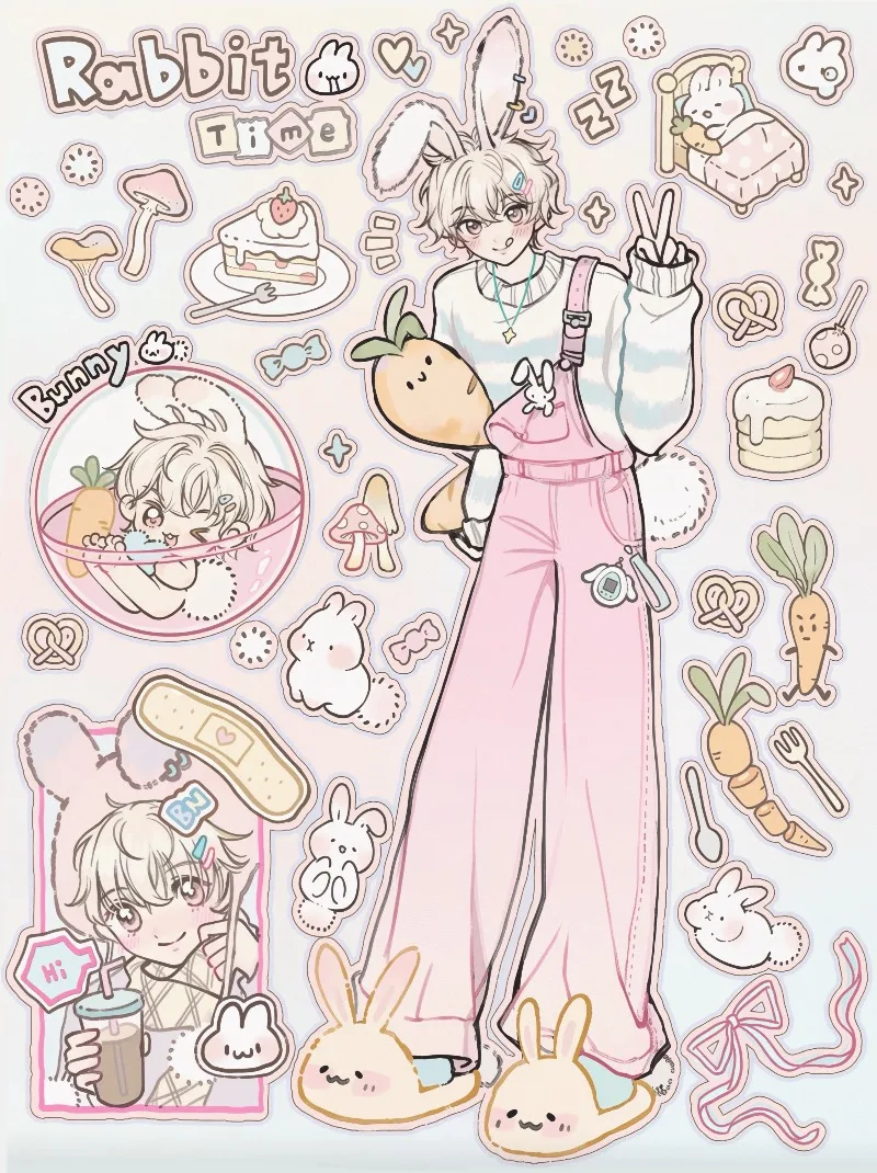 FlowerBun Sticker Set | Sage-Lemon-Ash-Blush Four-Panel Hoodie-Girls & Rabbit-Boys for Deco Planners