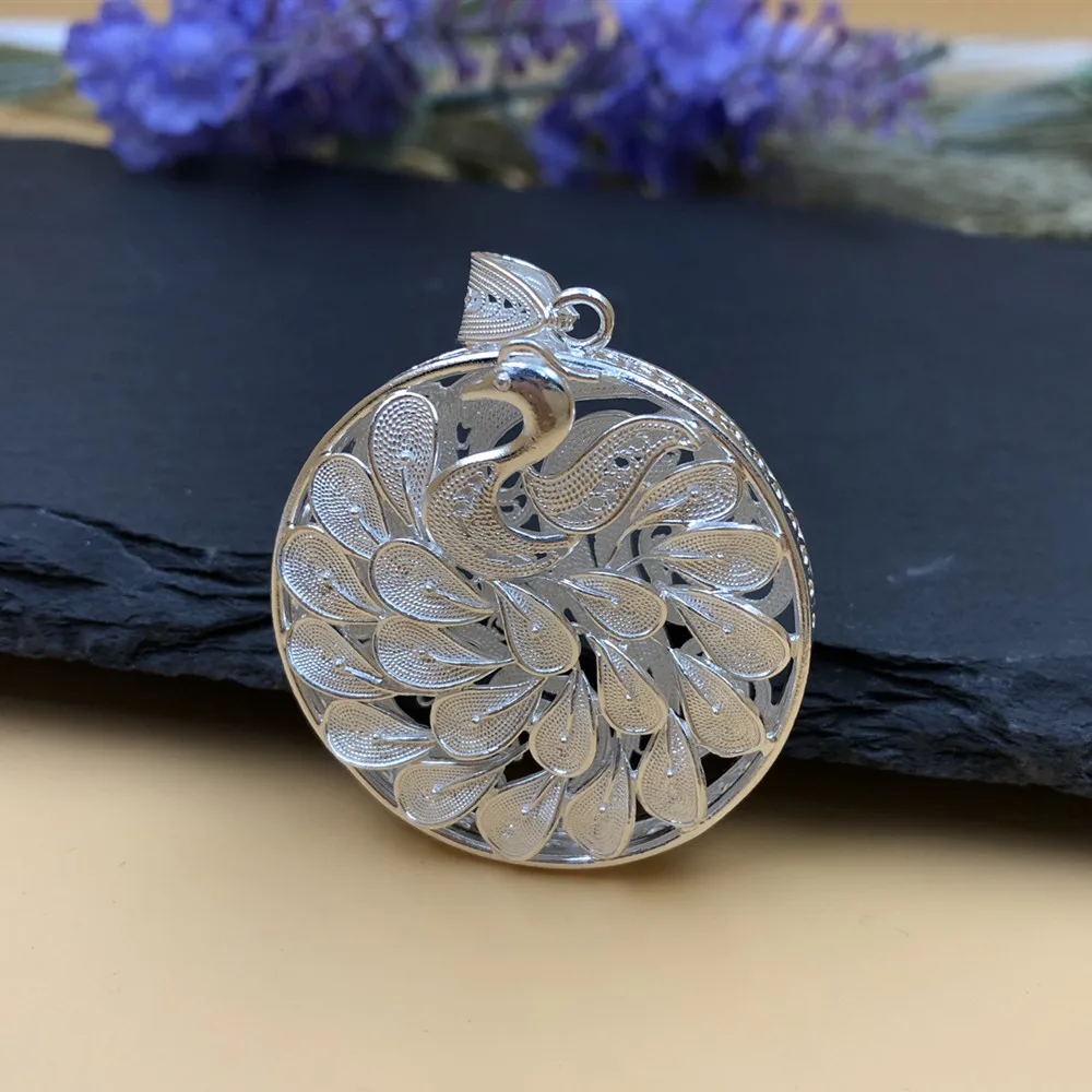 Real 990 Pure Silver Peacock Phoenix Pendant Ethnic Style Wire Drawing Filigree Crafts Round Women's Phoenix Pendant Jewelry