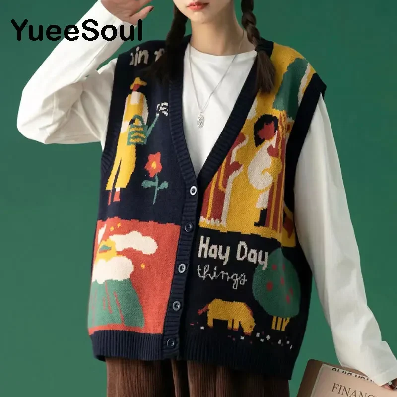 Vintage Cardigan 2023 New Printed Sleeveless Single Breasted Oversized Knitted Vest Women Casual Streetwear Womens Sweater