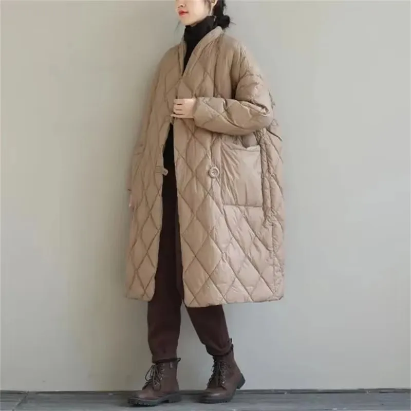 New Women Autumn Winter Loose Stand Collar Solid Diamond Plaid Mid Long Knee-Length Warm Down Jacket Oversize Female Outerwear