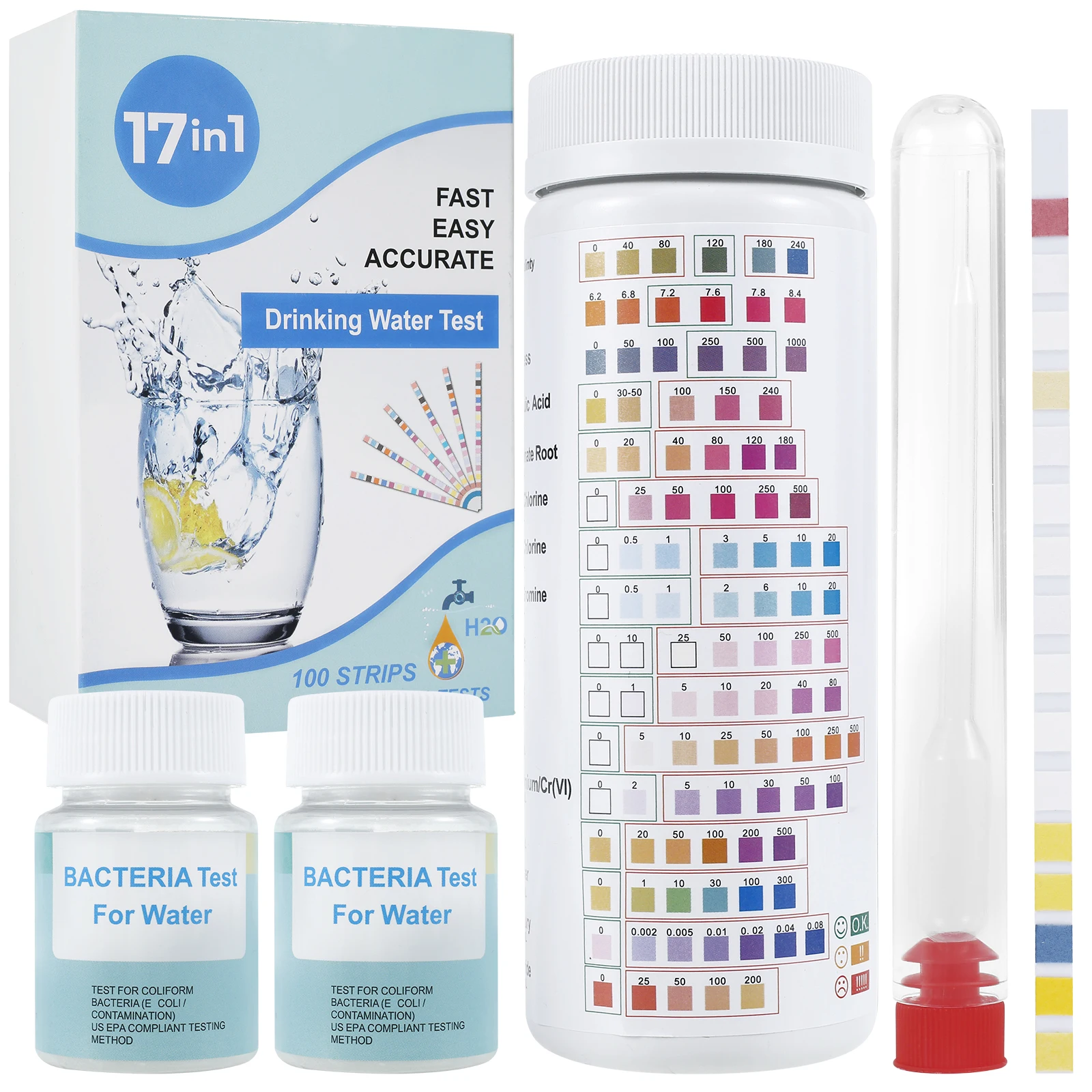 Wassertestkits mit Röhrchen, genaues Wasserqualitätstestkit für Brunnen- und Leitungswasser, 100 Teststreifen, 2 E. Coli, zuverlässige Trinkwasserprüfung