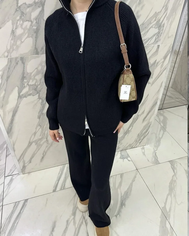 Stylish and Cozy Knitted Pant Suit with Zipper Top and Wide Leg Pants